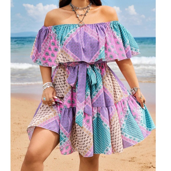 Boho Colorful Patchwork Print Off Shoulder Belted Dress - Picture 1 of 4